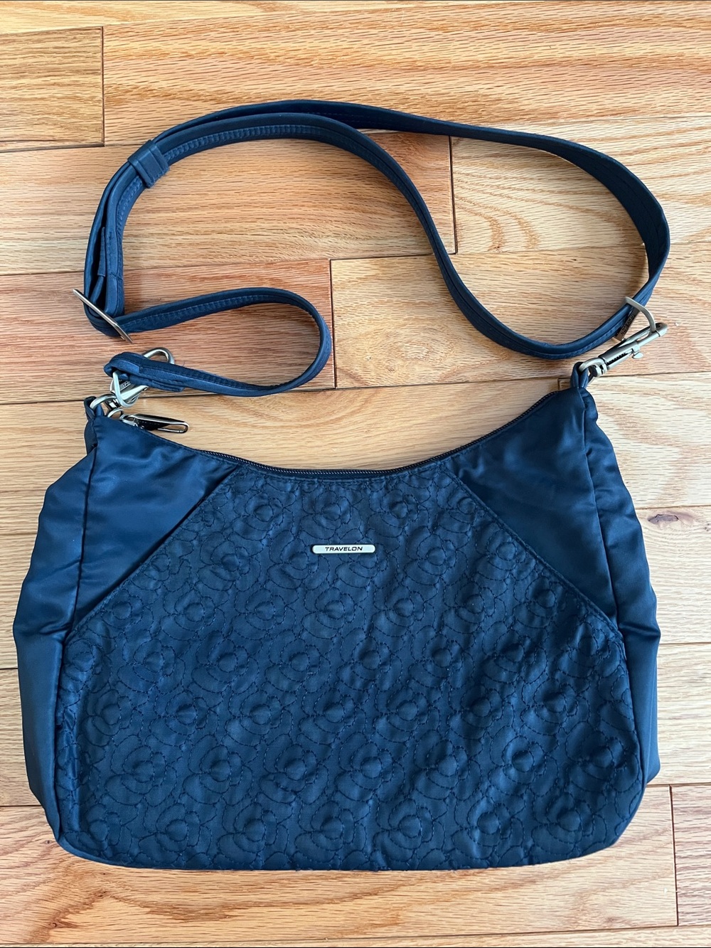 Travelon anti-theft nylon floral-stitch hobo crossbody bag